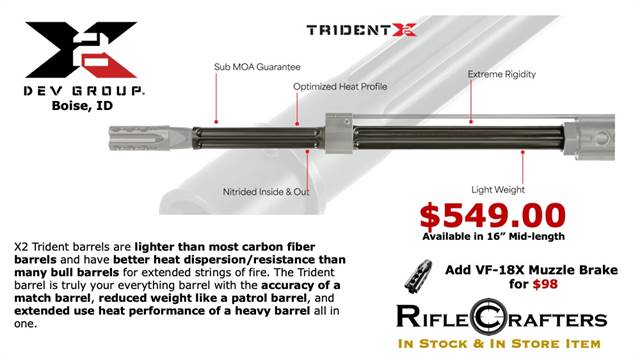 X2 Development Trident Barrel 16" Mid-Length Gas System