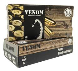 Venom 9mm 115 Grain Full Metal Jacket BRASS Cased 50 rounds $10 Range Ammo / Made in Turkey 